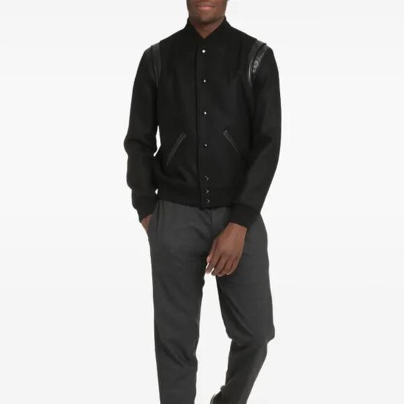 Saint Laurent Wool Bomber Jacket Black Leather Trim Size 46 (S) Made in Italy - Picture 4 of 13